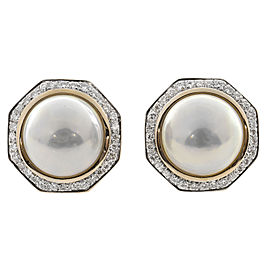 18K Yellow Gold Mobe Pearl & Diamond Octagonal Clip Post Earrings