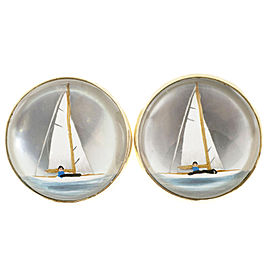 14K Yellow Gold Hand Painted Carved Quartz Sailboat Pierced Earrings