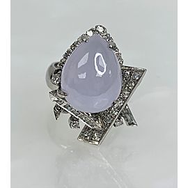 14K White Gold Pear Shaped Jadeite Diamond Ring