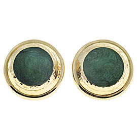 18K Yellow Gold Green Enamel Round Dome Earrings