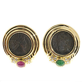 18K Yellow Gold Olsen Ruby Emerald Diamond Ancient Roman Coin Earrings