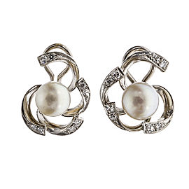 14K White Gold Diamond Pearl Open Swirl Earrings