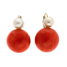 Vintage 14K Yellow Gold Orange Red Coral and Pearl Earrings