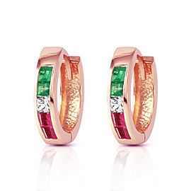 1.28 CTW 14K Solid Rose Gold Tri Gem Round Hoop Earrings