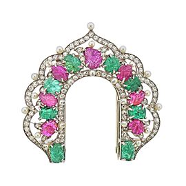 Platinum Carved Emerald Ruby Pearl Diamond Brooch