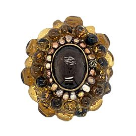 CHANEL - 00A Gripoix Brooch - Amber Glass & Pearl CC Logo - Antique Gold