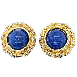 CHANEL - 93A Woven Chain Lapis Lazuli Cabochon Button Earrings Gold / Blue