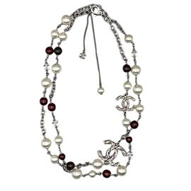 CHANEL - 13P Pearl and Beaded CC Long Layer Necklace / Red / Silver