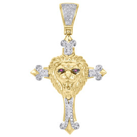 10K Yellow Gold with 0.35ct Diamond Red Eyes Lion Head Cross Pendant