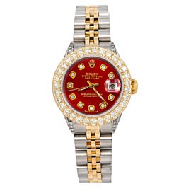 ROLEX DATEJUST WATCH6916 26MM RED DIAL 2.25CT DIAMONDS TWO TONE JUBILEE BRACELET