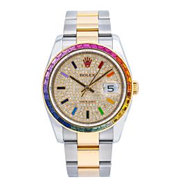 ROLEX DATEJUST WATCH 116201 36MM DIAMOND DIAL RAINBOW BEZEL TWO TONE OYSTER BAND