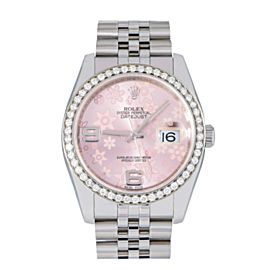 ROLEX DATEJUST WATCH 116200 36MM PINK FLOWER DIAL DIAMOND BEZEL JUBILEE BRACELET