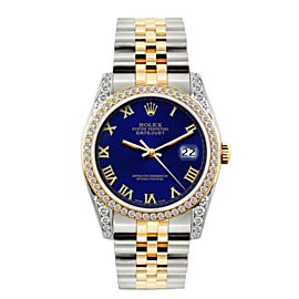 ROLEX DATEJUST 36MM GOLD AND STEEL BRACELET BLUE DIAL DIAMOND WATCH 16013