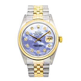 ROLEX DATEJUST WATCH 36MM 16523 BLUE MOP DIAMOND DIAL TWO TONE JUBILEE BRACELET