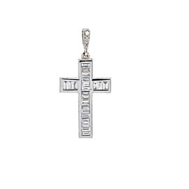 WHITE GOLD CROSS PENDANT WITH BAGEUTTE DIAMONDS 14K 0.25CT 1.5''