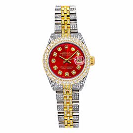 ROLEX DATEJUST 26MM WATCH 6917 TWO TONE JUBILEE BRACELED RED DIAL FULLY ICED OUT