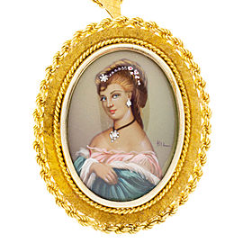 Vintage 18K Yellow Gold with 0.03ct Diamond Portrait Painting Pendant Necklace