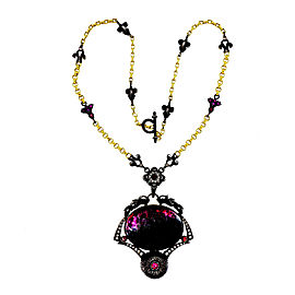 18K Yellow Gold & Blackened Sterling Silver with Tourmaline & Diamond Byzantine Necklace