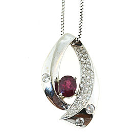 14K White Gold with 0.80ct Ruby & Diamond Pendant Swirl Chain Necklace