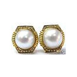 Mabe Pearl & Diamond Solid Yellow Gold Stud Earrings 14K