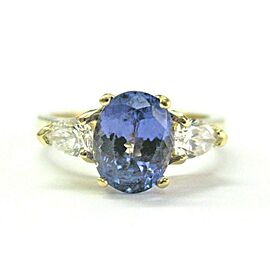 Oval Tanzanite & Pear Shape Diamond Three Stone Ring 18Kt Yellow Gold 2.05t AAAA