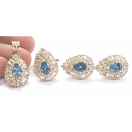 18Kt Diamond & Lonoon Blue Topaz YG Jewelry Set Ring/Pendant/Earrings