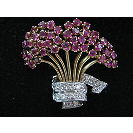 Bucket of Flower Ruby Diamond Yellow Gold Pin / Brooch