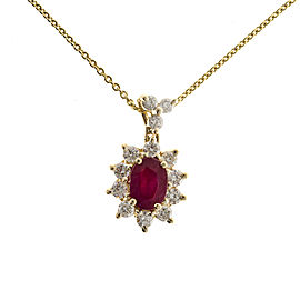 14K Yellow Gold 1.00ct Oval Ruby .63ct Diamond Pendant Chain Vintage Necklace