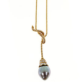 18K Yellow Gold 0.65ct Diamond Cultured Peacock Black South Sea Pearl Dangle Pendant Vintage Necklace