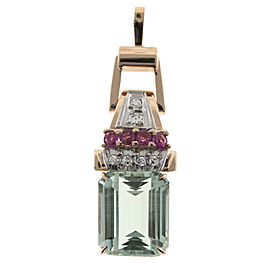 Vintage Art Deco 14K Rose Gold with 10.17ct Aqua, 0.40ct Ruby & 0.14ct Diamond Pendant