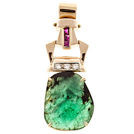 14K Rose Gold with 7.78ct Emerald, Ruby & Diamond Vintage Retro Art Deco Pendant