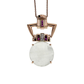 Art Deco 14K Rose Gold with 20.50ct Cats Eye Aquamarine, Diamond & Ruby Pendant Necklace