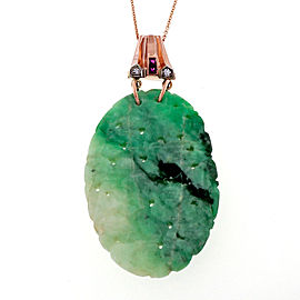 Art Deco 14K Pink Gold with 43.79ct Jadeite Jade, Ruby & Diamond Pendant Necklace