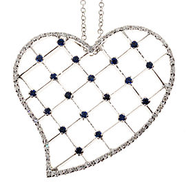 18K White Gold 0.57cts Checkerboard Bright Sapphire & Diamond Vintage Heart Pendant Necklace