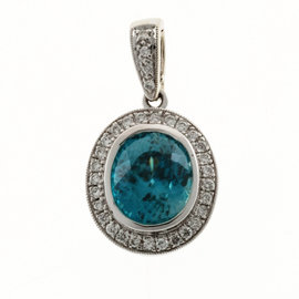 Vintage 14K White Gold with 3.35ct. Blue Zircon & Diamond Pendant