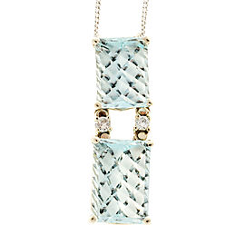 Art Deco 14K White Gold 6.09ct & 5.7ct Aquamarines & 0.12ct Diamond 2 Etched Checker Board Pendant Necklace