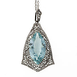 14K White Gold 5.15ct Marquise Aquamarine Filigree Vintage Art Deco Pendant Necklace