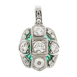 Vintage Platinum Old European Cut Diamond Green Enamel Pendant