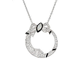 Platinum and 14k White Gold Black Enamel Diamond Bow Vintage Pendant Necklace