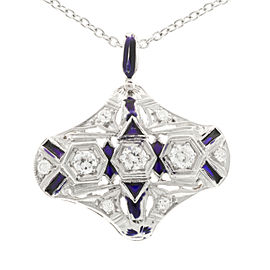 Vintage Filigree Art Deco Platinum and Blue Enamel with 0.40ct Diamond Pendant Necklace