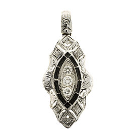 14k White Gold Diamond Black Enamel Vintage Pendant 1930s