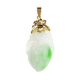 14K Yellow Gold Green White Carved Jadeite Jade Pendant