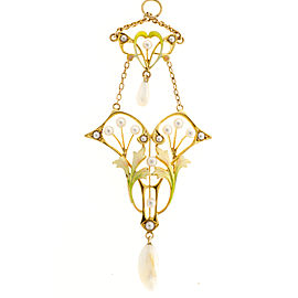 14K Yellow Gold Enamel Pearl Art Nouveau Victorian Pendant