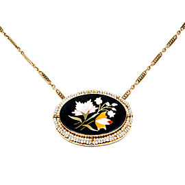 14K Yellow Gold with Stone Inlay Onyx & Pearl Pietra Dura Pendant Necklace