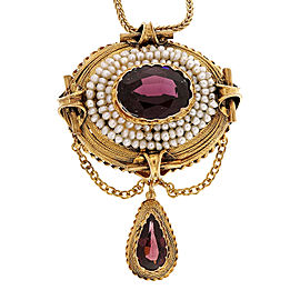 14K Yellow Gold with Domed 3.50ct Garnet & Natural Pearl Pendant Necklace