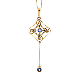 14K Yellow Gold Georgian 0.50ct Montana Sapphire Pearl Pendant Vintage Necklace