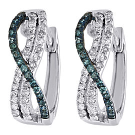 10K White Gold 0.25ct Blue & White Diamond Hoops 3 Row Huggies Snap Closure Earrings