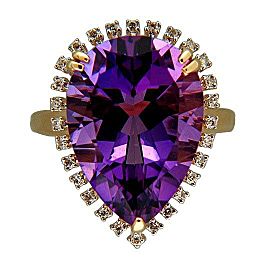 Vintage 7.0ct Pear Shape Amethyst 28 Single Cut Diamond Surround 14k Gold Ring