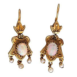 Vintage Victorian Style 14k Gold Soft White Opal Cultured Pearl Dangle Earrings