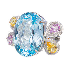 Estate Large Blue Topaz Dinner Ring, 18K White Gold, Sapphire and Diamonds